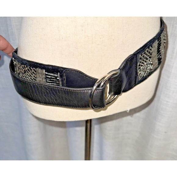 VTG CHICOs Black Suede Leather Seed Bead Embellished Glam Boho‎ Hip Belt Large - Picture 1 of 11